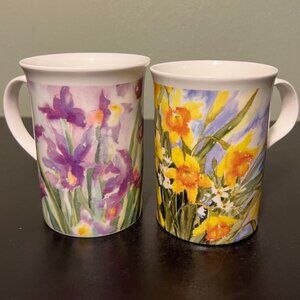 Two Fine Bone China Cups ~ Art by Sue Ellen Wilder ~ Iris ~ Daffodils ~ England